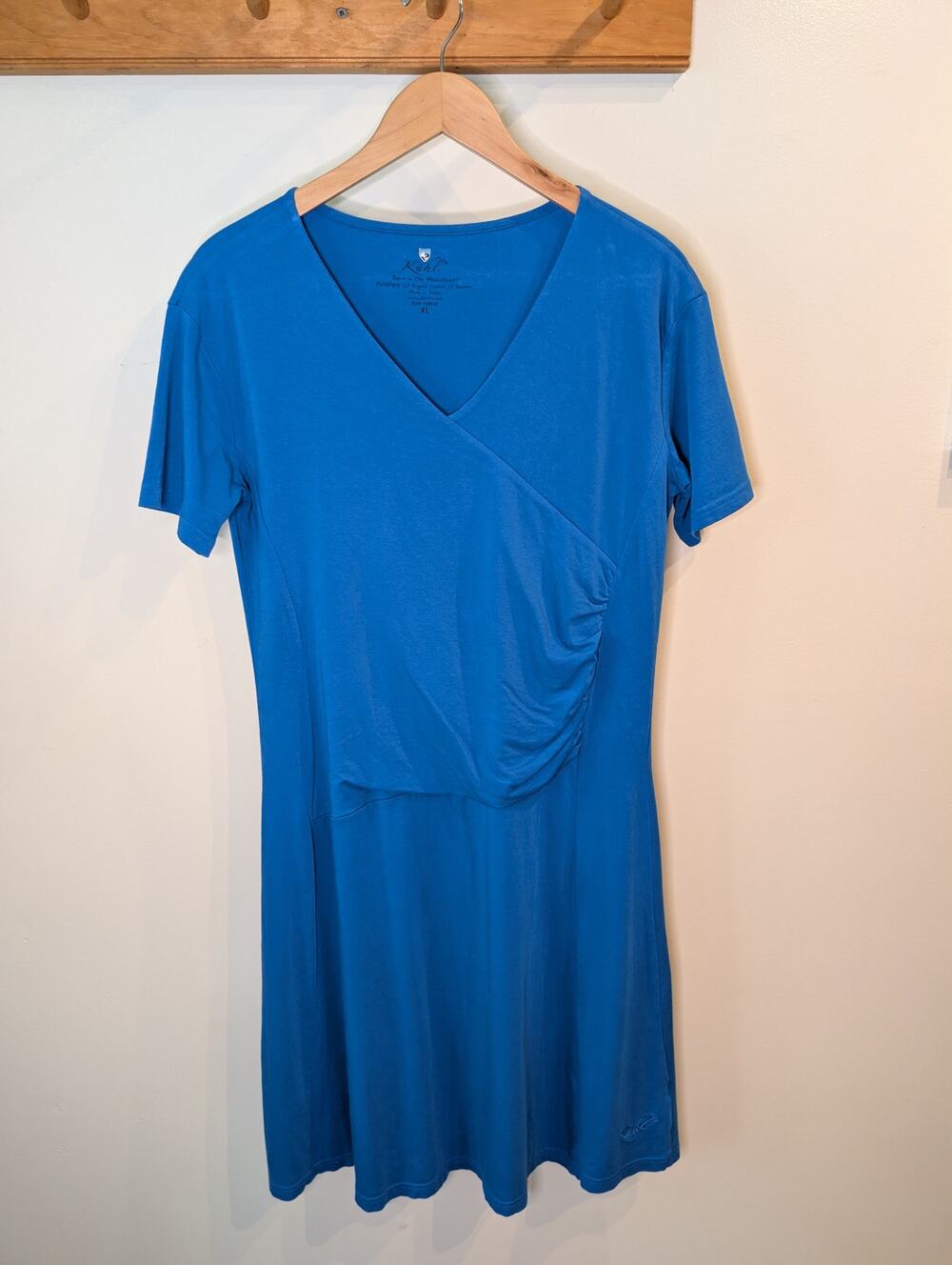 KUHL Blue Wrap V-Neck Short Sleeve Dress Organic Cotton Blend Ruched XL